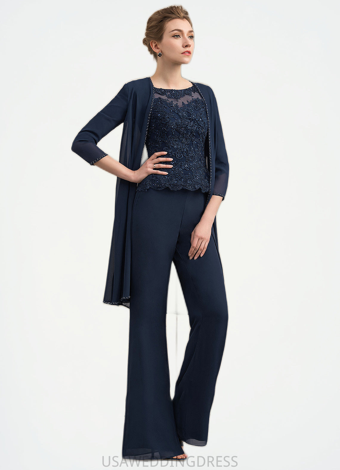 Talia Jumpsuit/Pantsuit Scoop Neck Floor-Length Chiffon Lace Mother of the Bride Dress With Beading DS126P0014836