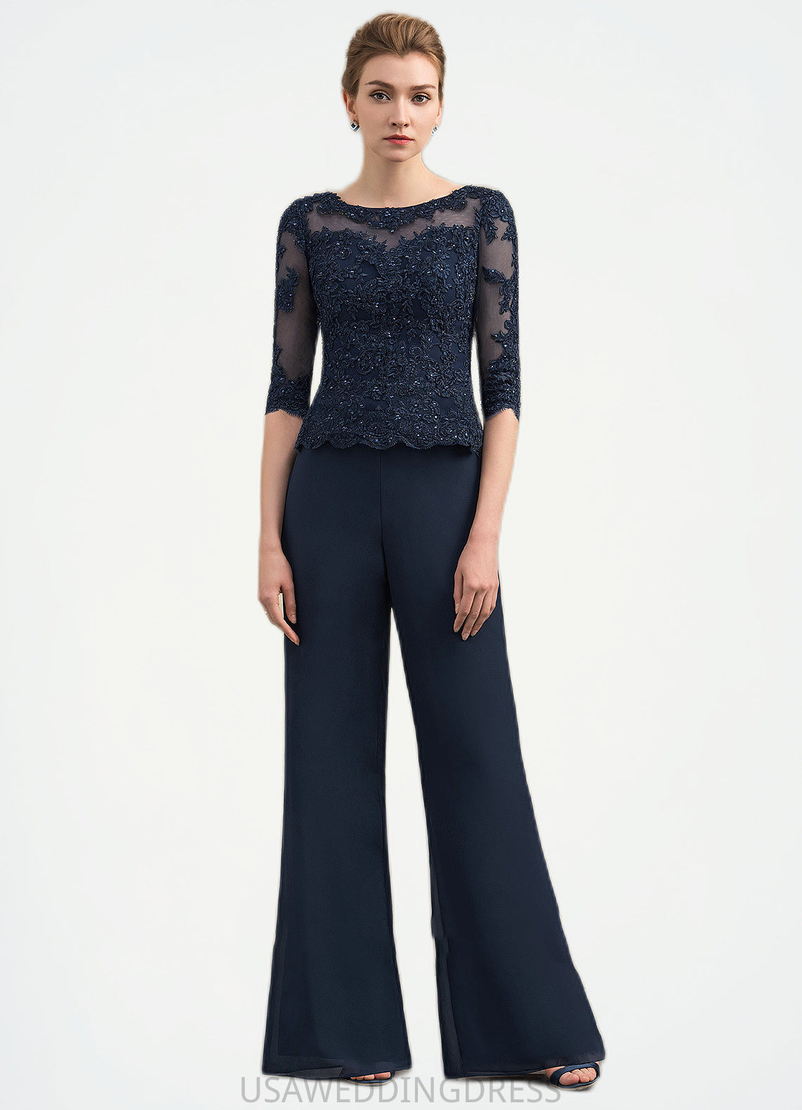 Talia Jumpsuit/Pantsuit Scoop Neck Floor-Length Chiffon Lace Mother of the Bride Dress With Beading DS126P0014836