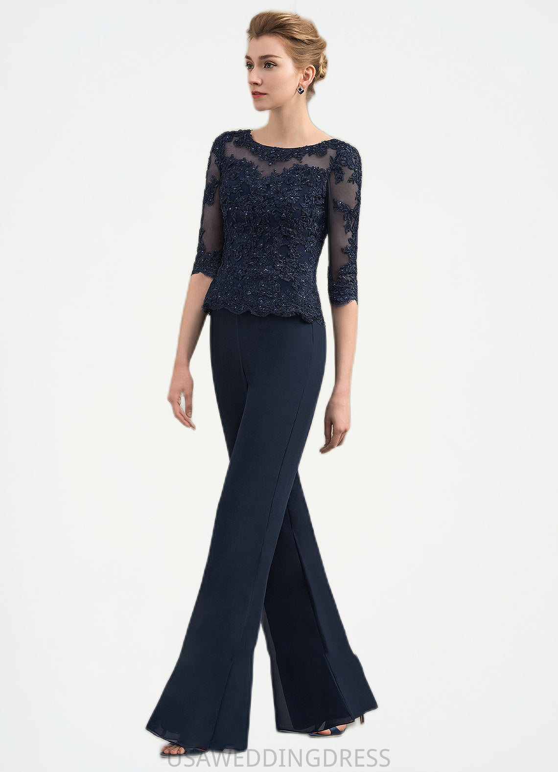Talia Jumpsuit/Pantsuit Scoop Neck Floor-Length Chiffon Lace Mother of the Bride Dress With Beading DS126P0014836