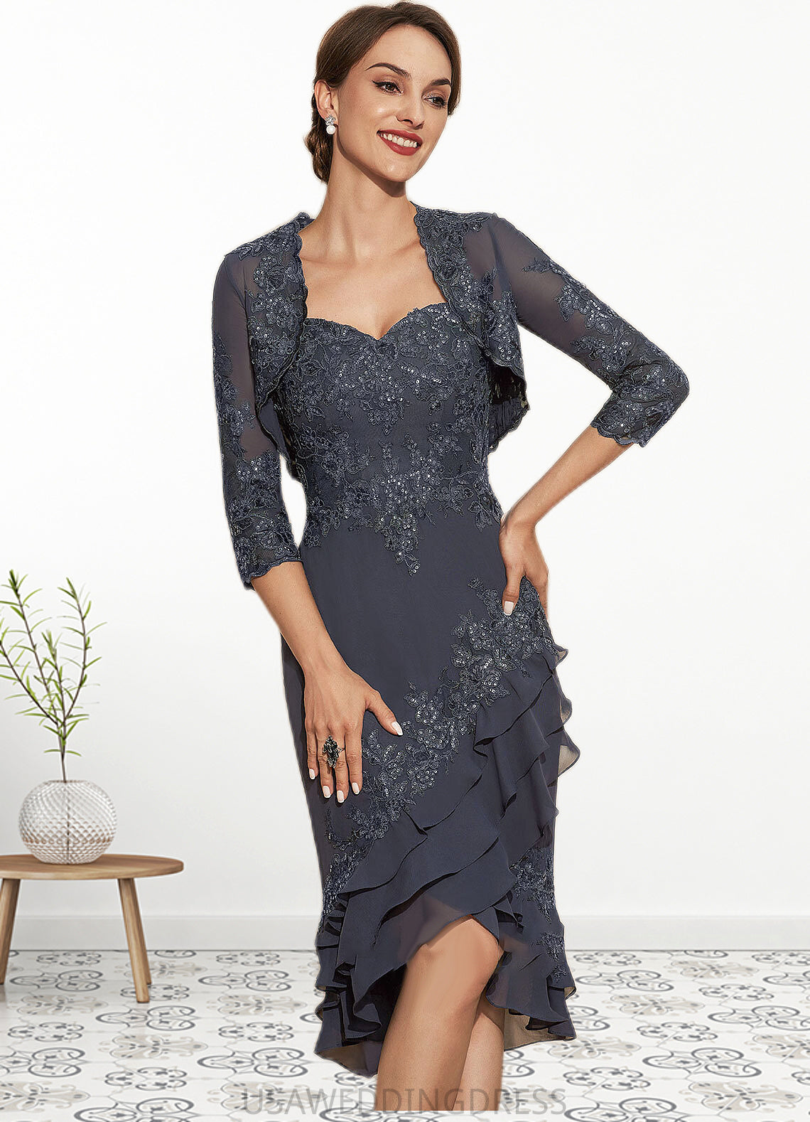 Erika Sheath/Column Sweetheart Asymmetrical Chiffon Lace Mother of the Bride Dress With Sequins Cascading Ruffles DS126P0014837