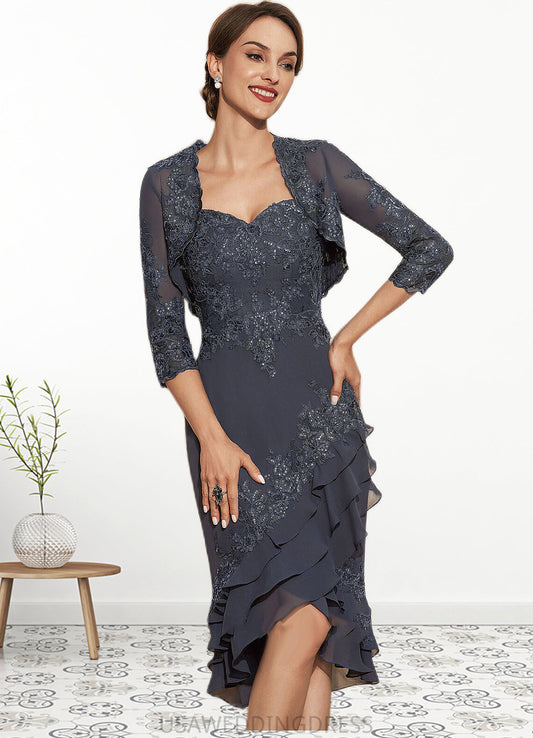 Erika Sheath/Column Sweetheart Asymmetrical Chiffon Lace Mother of the Bride Dress With Sequins Cascading Ruffles DS126P0014837