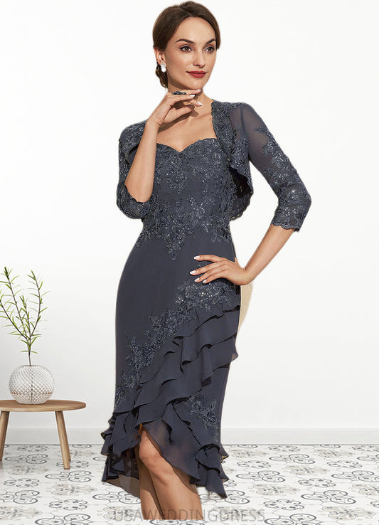 Erika Sheath/Column Sweetheart Asymmetrical Chiffon Lace Mother of the Bride Dress With Sequins Cascading Ruffles DS126P0014837