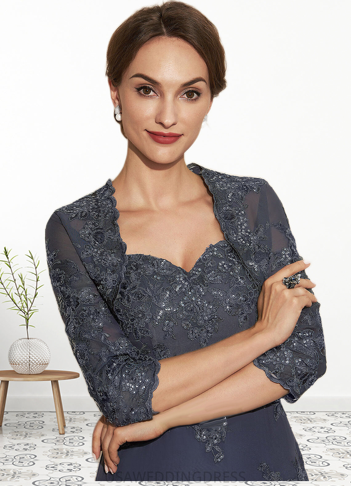 Erika Sheath/Column Sweetheart Asymmetrical Chiffon Lace Mother of the Bride Dress With Sequins Cascading Ruffles DS126P0014837