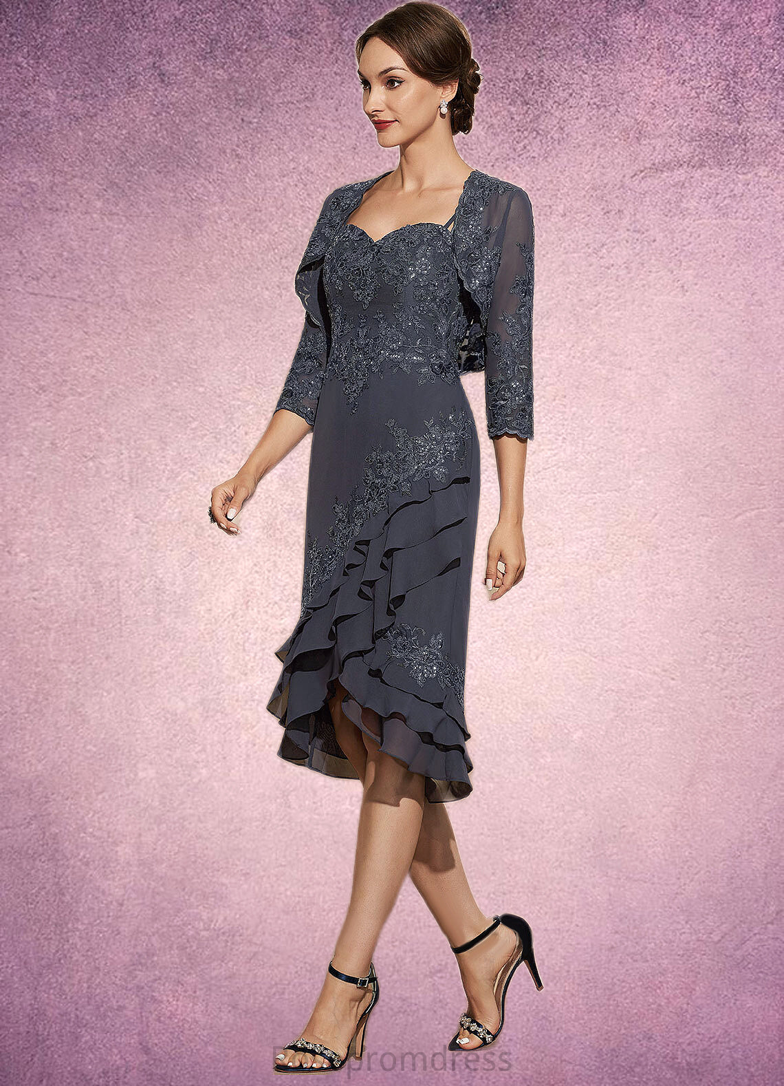 Sophie Sheath/Column Sweetheart Asymmetrical Chiffon Lace Mother of the Bride Dress With Sequins Cascading Ruffles SRS126P0014837