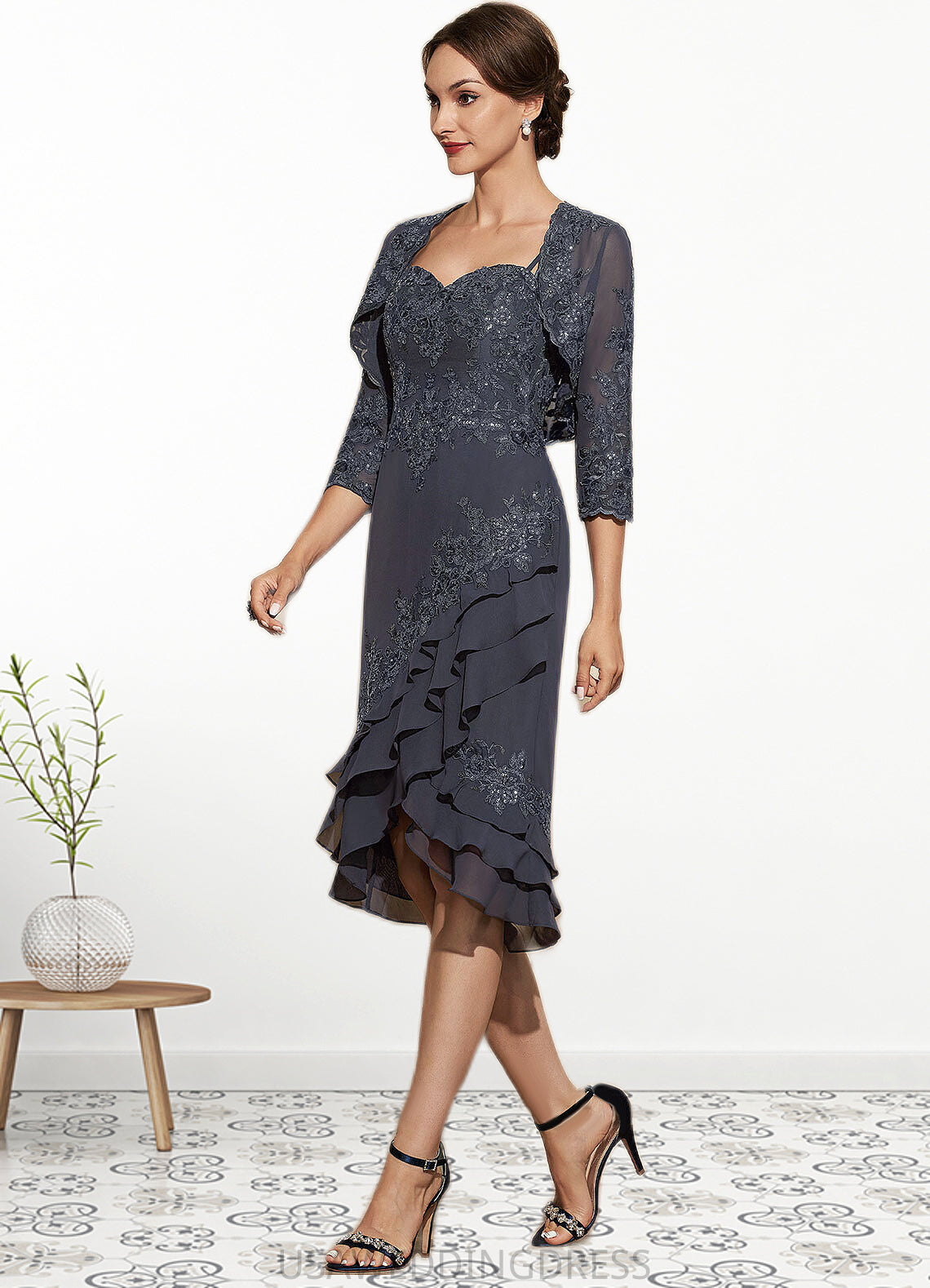 Erika Sheath/Column Sweetheart Asymmetrical Chiffon Lace Mother of the Bride Dress With Sequins Cascading Ruffles DS126P0014837