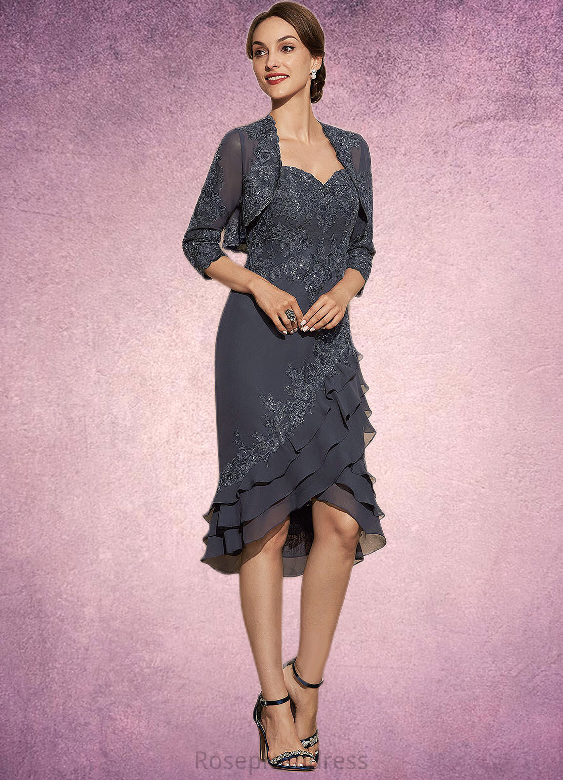 Sophie Sheath/Column Sweetheart Asymmetrical Chiffon Lace Mother of the Bride Dress With Sequins Cascading Ruffles SRS126P0014837