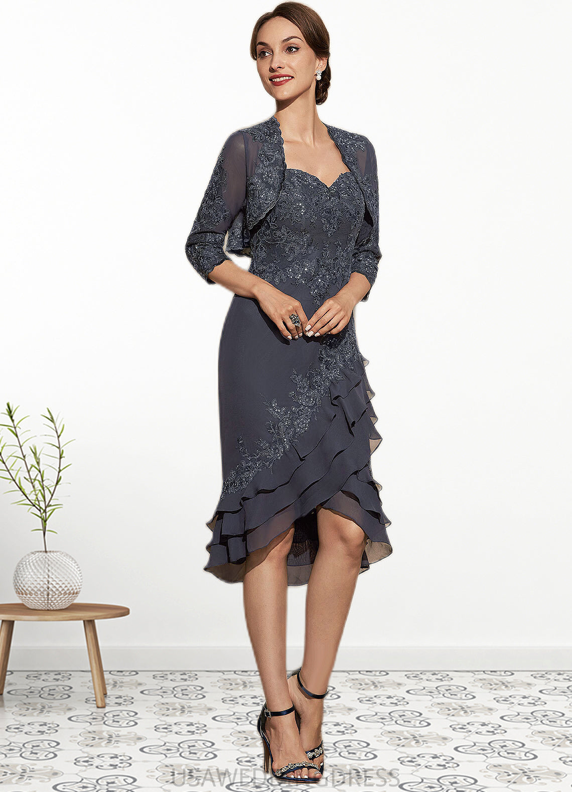 Erika Sheath/Column Sweetheart Asymmetrical Chiffon Lace Mother of the Bride Dress With Sequins Cascading Ruffles DS126P0014837