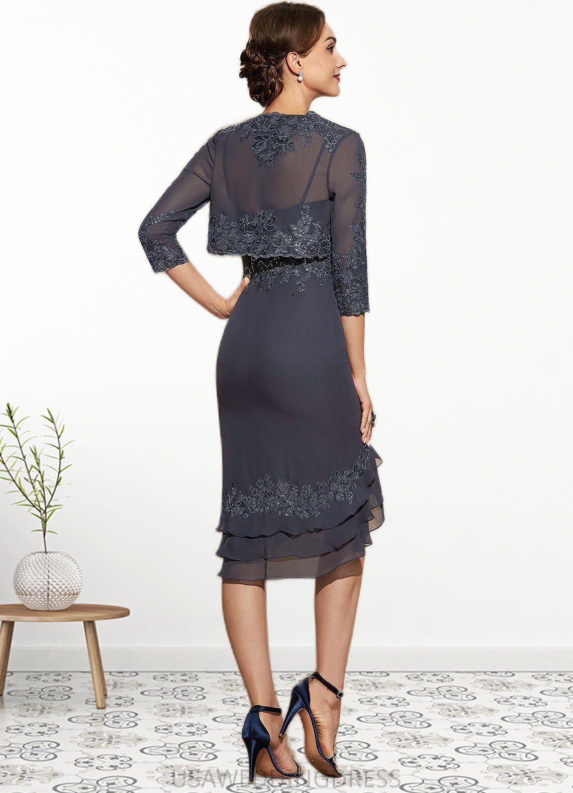 Erika Sheath/Column Sweetheart Asymmetrical Chiffon Lace Mother of the Bride Dress With Sequins Cascading Ruffles DS126P0014837