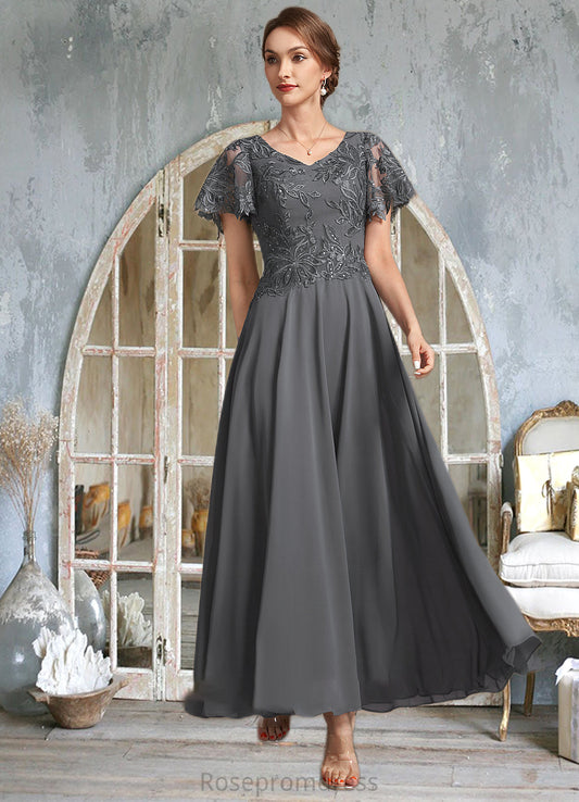 Skylar A-Line V-neck Ankle-Length Chiffon Lace Mother of the Bride Dress With Sequins SRS126P0014838