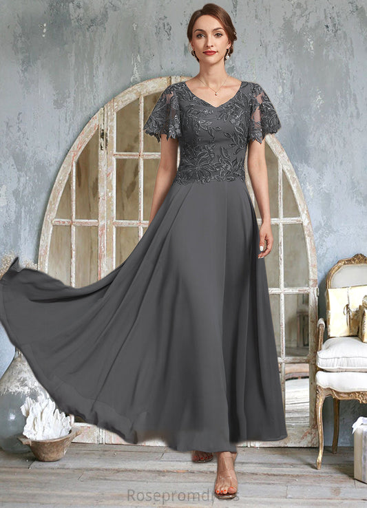 Skylar A-Line V-neck Ankle-Length Chiffon Lace Mother of the Bride Dress With Sequins SRS126P0014838