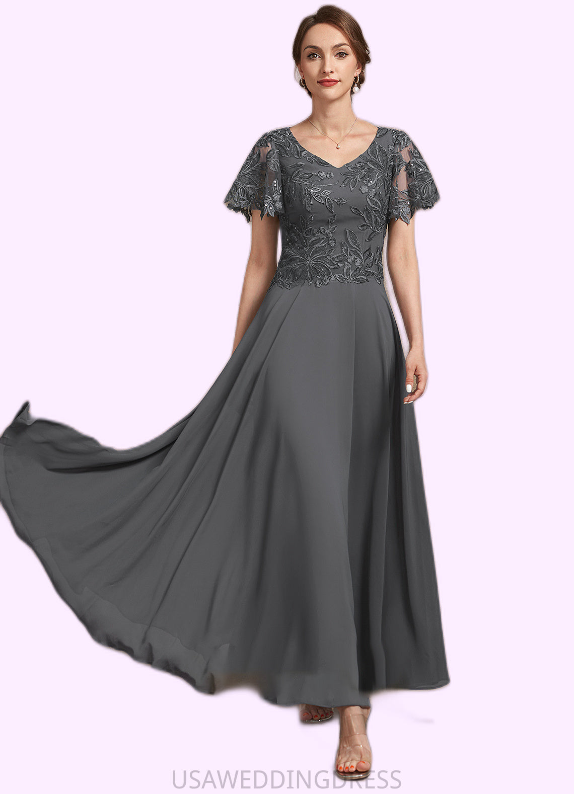 Shea A-Line V-neck Ankle-Length Chiffon Lace Mother of the Bride Dress With Sequins DS126P0014838