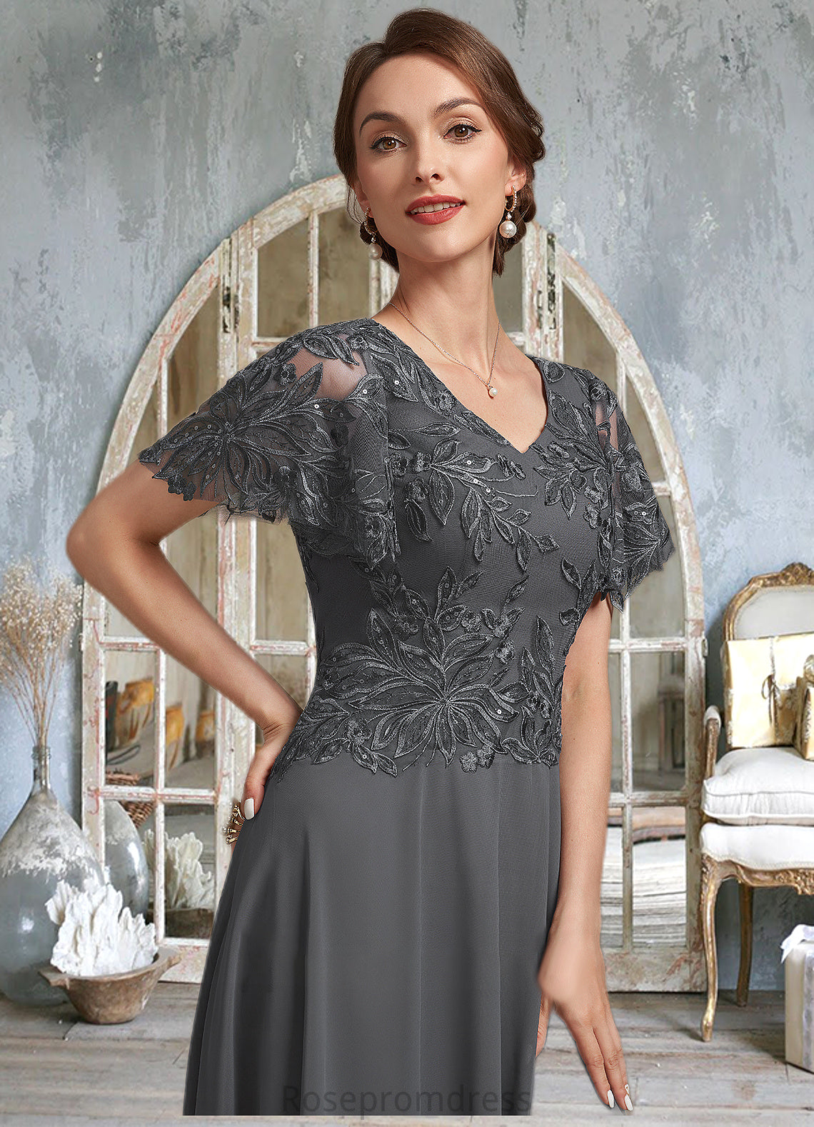 Skylar A-Line V-neck Ankle-Length Chiffon Lace Mother of the Bride Dress With Sequins SRS126P0014838