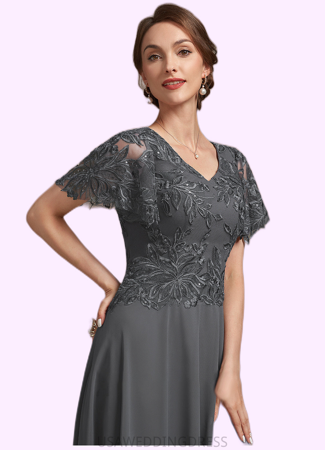 Shea A-Line V-neck Ankle-Length Chiffon Lace Mother of the Bride Dress With Sequins DS126P0014838