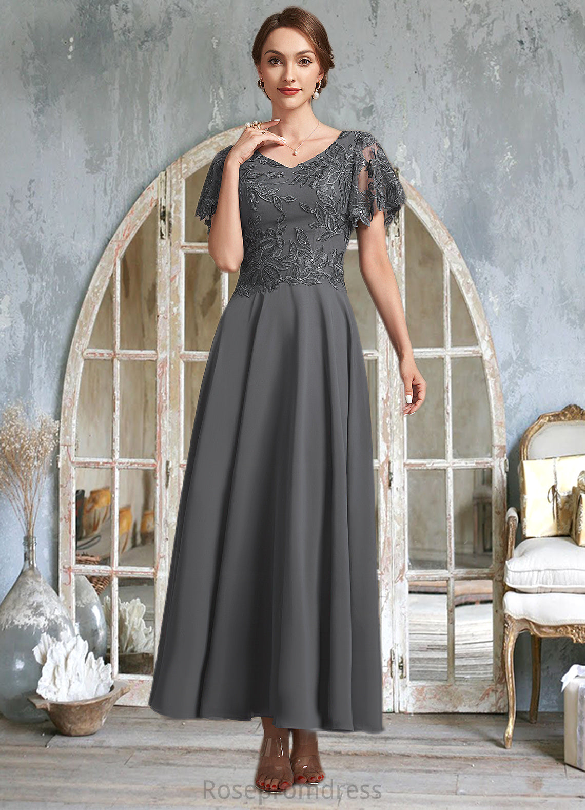Skylar A-Line V-neck Ankle-Length Chiffon Lace Mother of the Bride Dress With Sequins SRS126P0014838