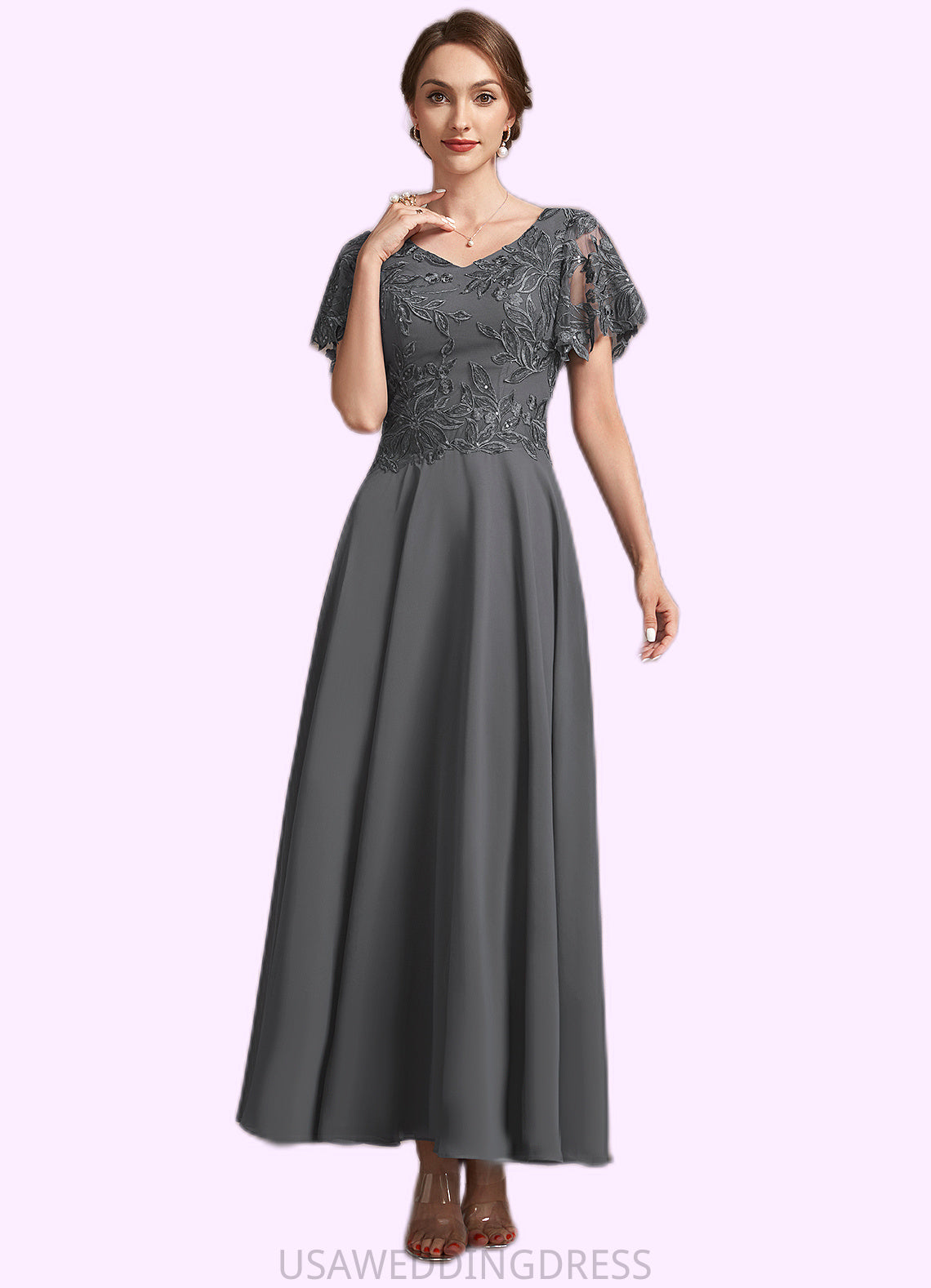 Shea A-Line V-neck Ankle-Length Chiffon Lace Mother of the Bride Dress With Sequins DS126P0014838