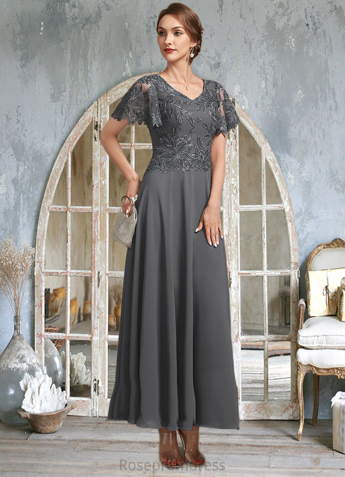 Skylar A-Line V-neck Ankle-Length Chiffon Lace Mother of the Bride Dress With Sequins SRS126P0014838