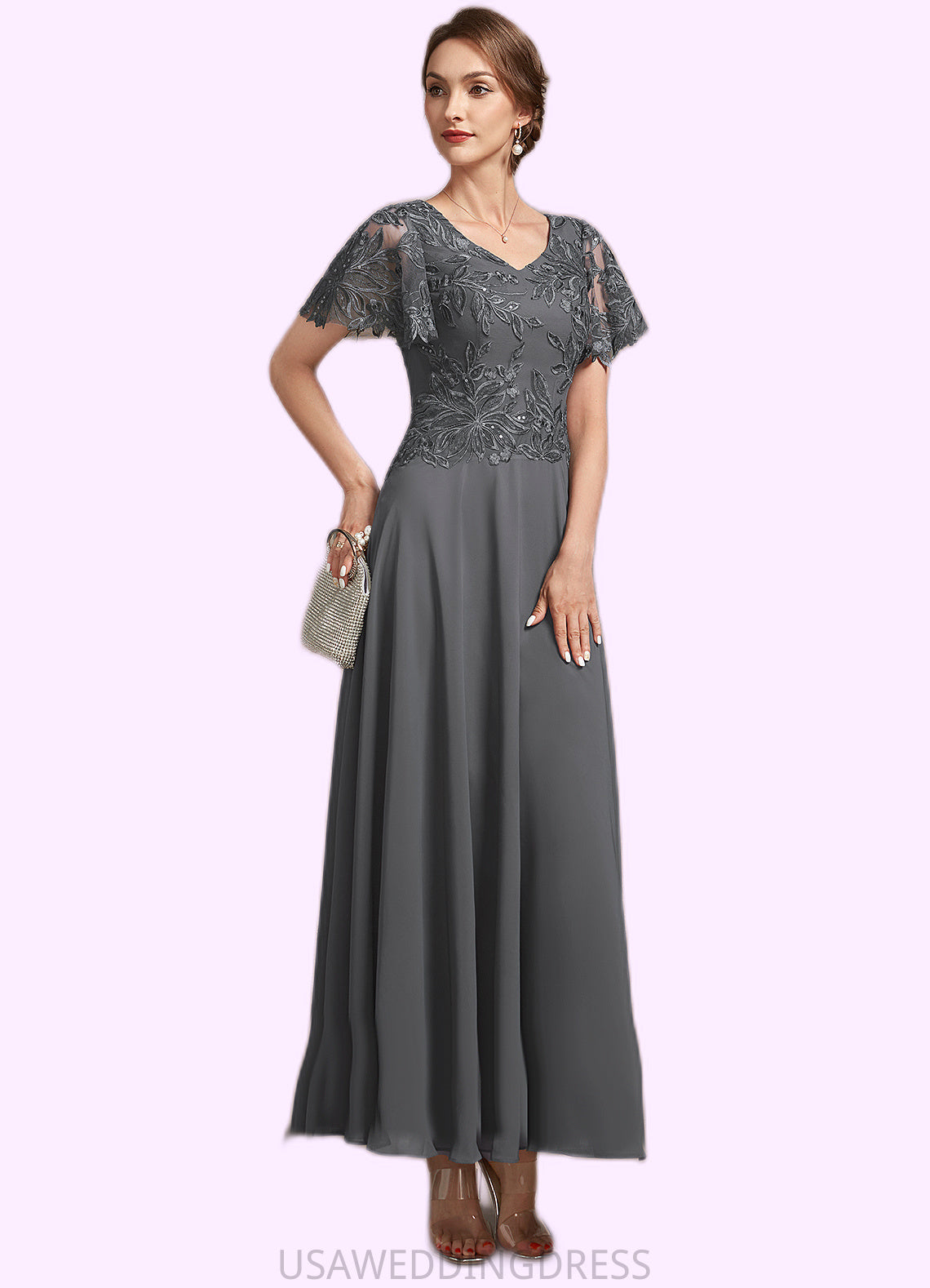 Shea A-Line V-neck Ankle-Length Chiffon Lace Mother of the Bride Dress With Sequins DS126P0014838
