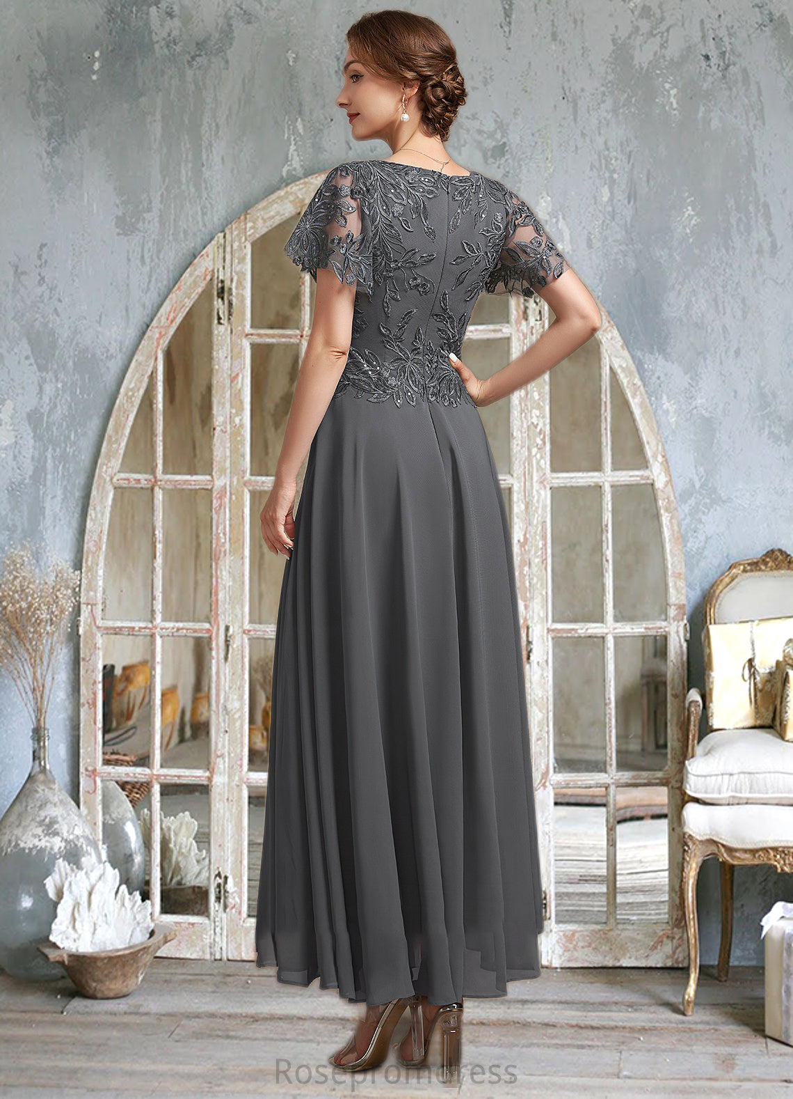 Skylar A-Line V-neck Ankle-Length Chiffon Lace Mother of the Bride Dress With Sequins SRS126P0014838