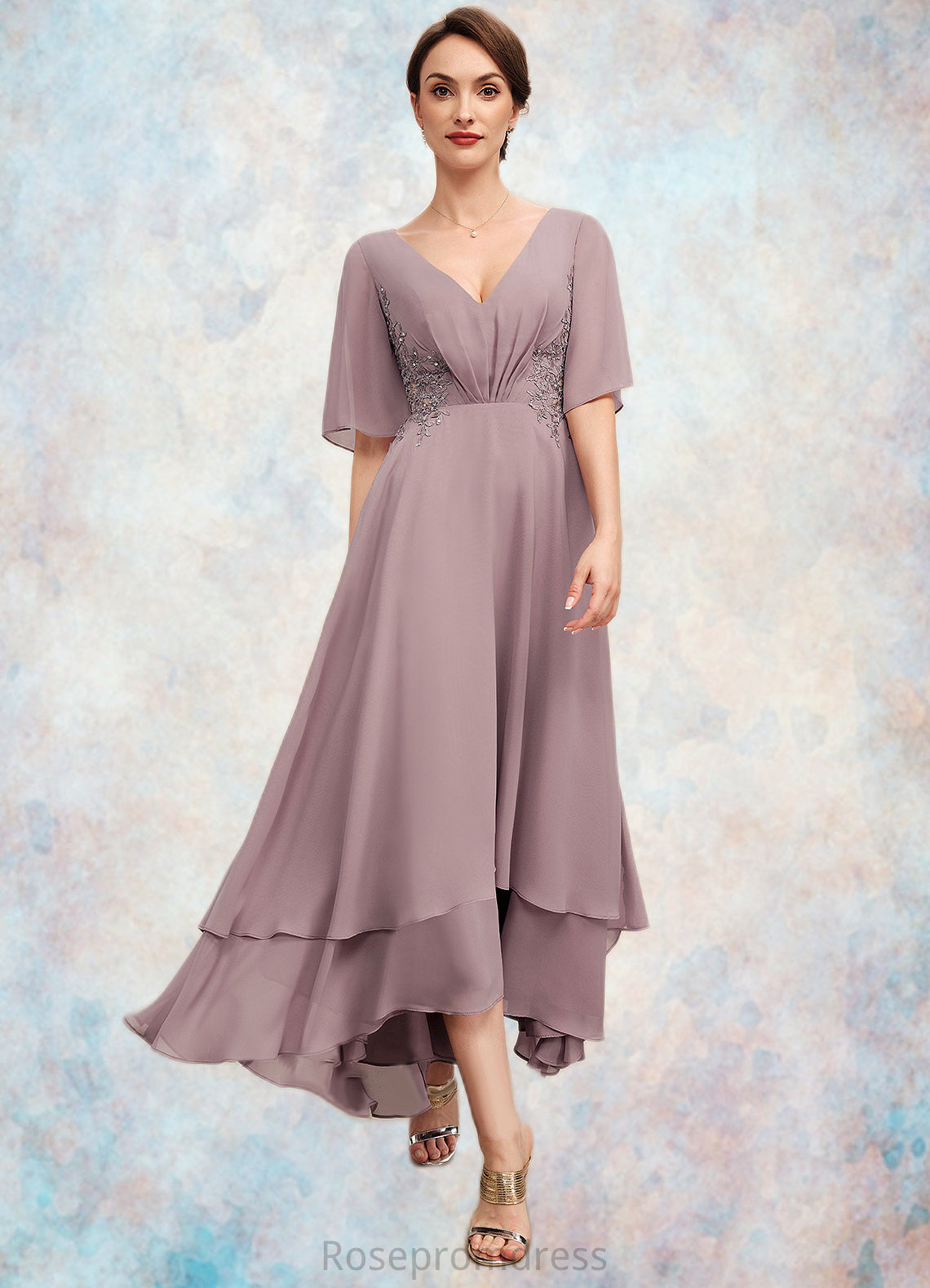 Aimee A-Line V-neck Asymmetrical Chiffon Mother of the Bride Dress With Ruffle Lace Beading SRS126P0014839