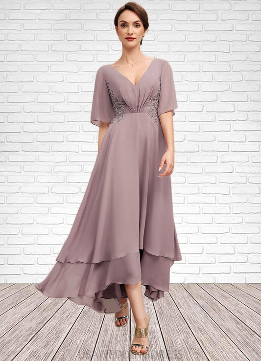 Miranda A-Line V-neck Asymmetrical Chiffon Mother of the Bride Dress With Ruffle Lace Beading DS126P0014839