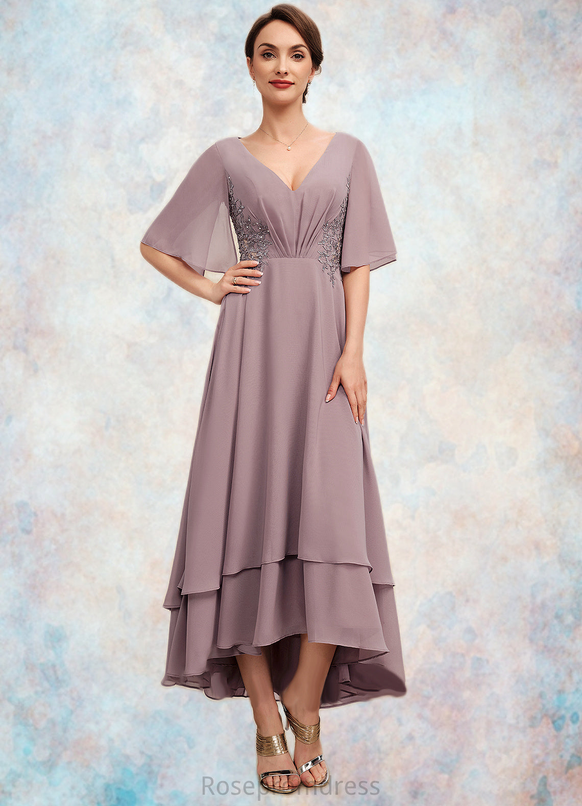 Aimee A-Line V-neck Asymmetrical Chiffon Mother of the Bride Dress With Ruffle Lace Beading SRS126P0014839