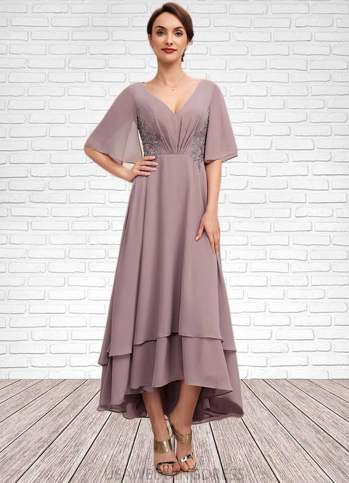 Miranda A-Line V-neck Asymmetrical Chiffon Mother of the Bride Dress With Ruffle Lace Beading DS126P0014839