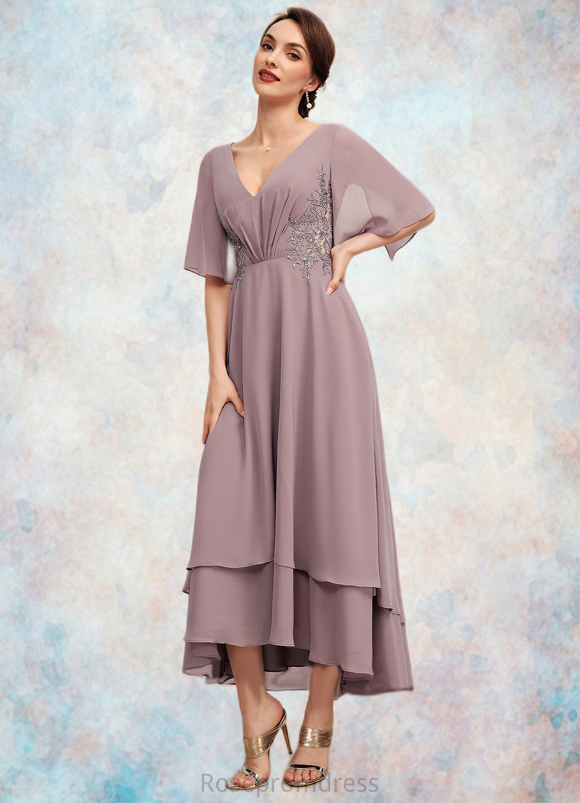 Aimee A-Line V-neck Asymmetrical Chiffon Mother of the Bride Dress With Ruffle Lace Beading SRS126P0014839