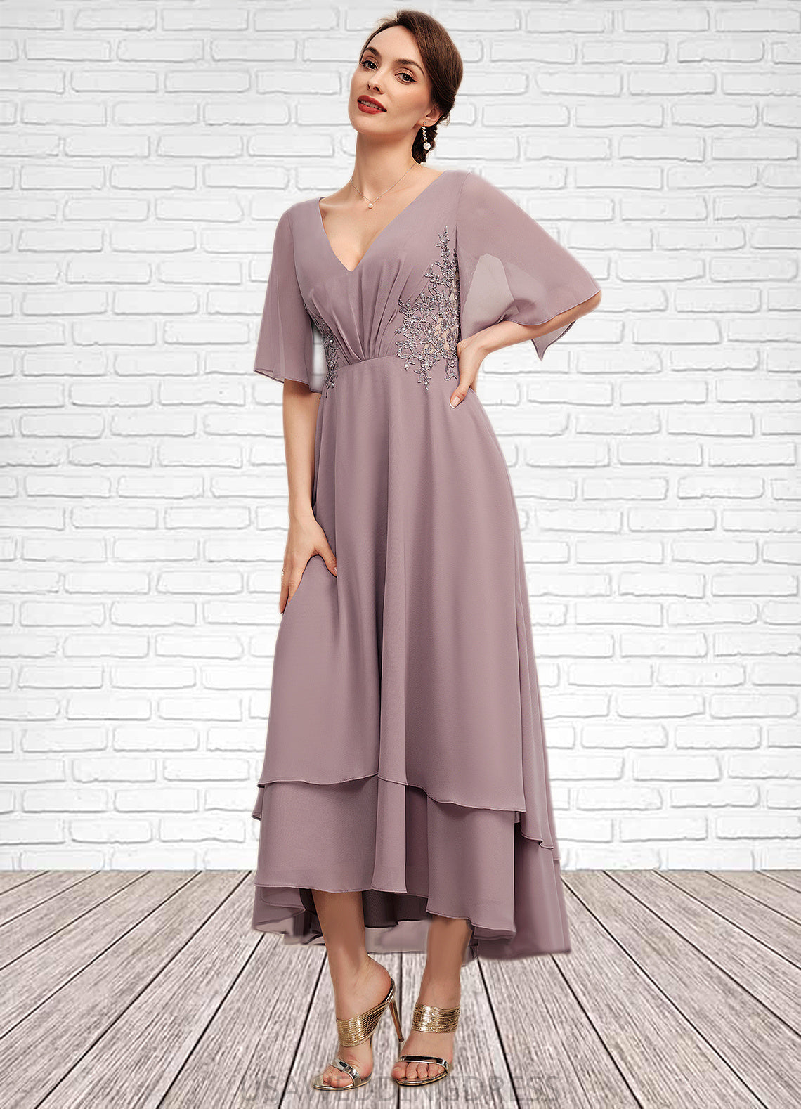 Miranda A-Line V-neck Asymmetrical Chiffon Mother of the Bride Dress With Ruffle Lace Beading DS126P0014839