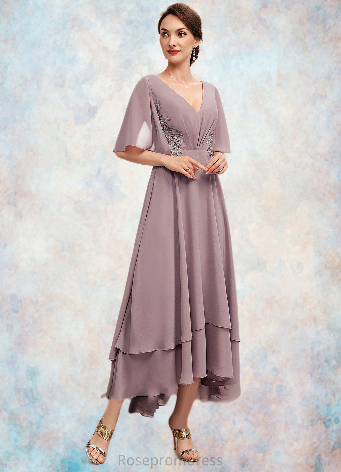 Aimee A-Line V-neck Asymmetrical Chiffon Mother of the Bride Dress With Ruffle Lace Beading SRS126P0014839