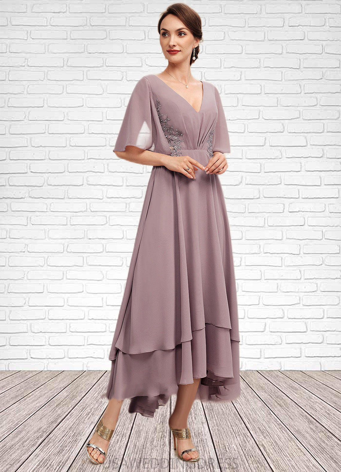 Miranda A-Line V-neck Asymmetrical Chiffon Mother of the Bride Dress With Ruffle Lace Beading DS126P0014839