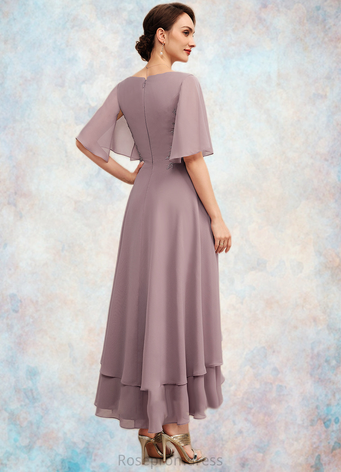 Aimee A-Line V-neck Asymmetrical Chiffon Mother of the Bride Dress With Ruffle Lace Beading SRS126P0014839