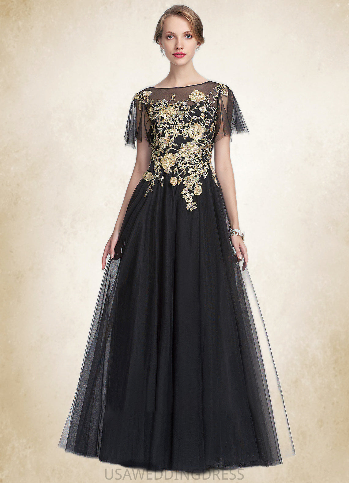 Tori A-Line/Princess Scoop Neck Floor-Length Tulle Mother of the Bride Dress With Lace DS126P0014841