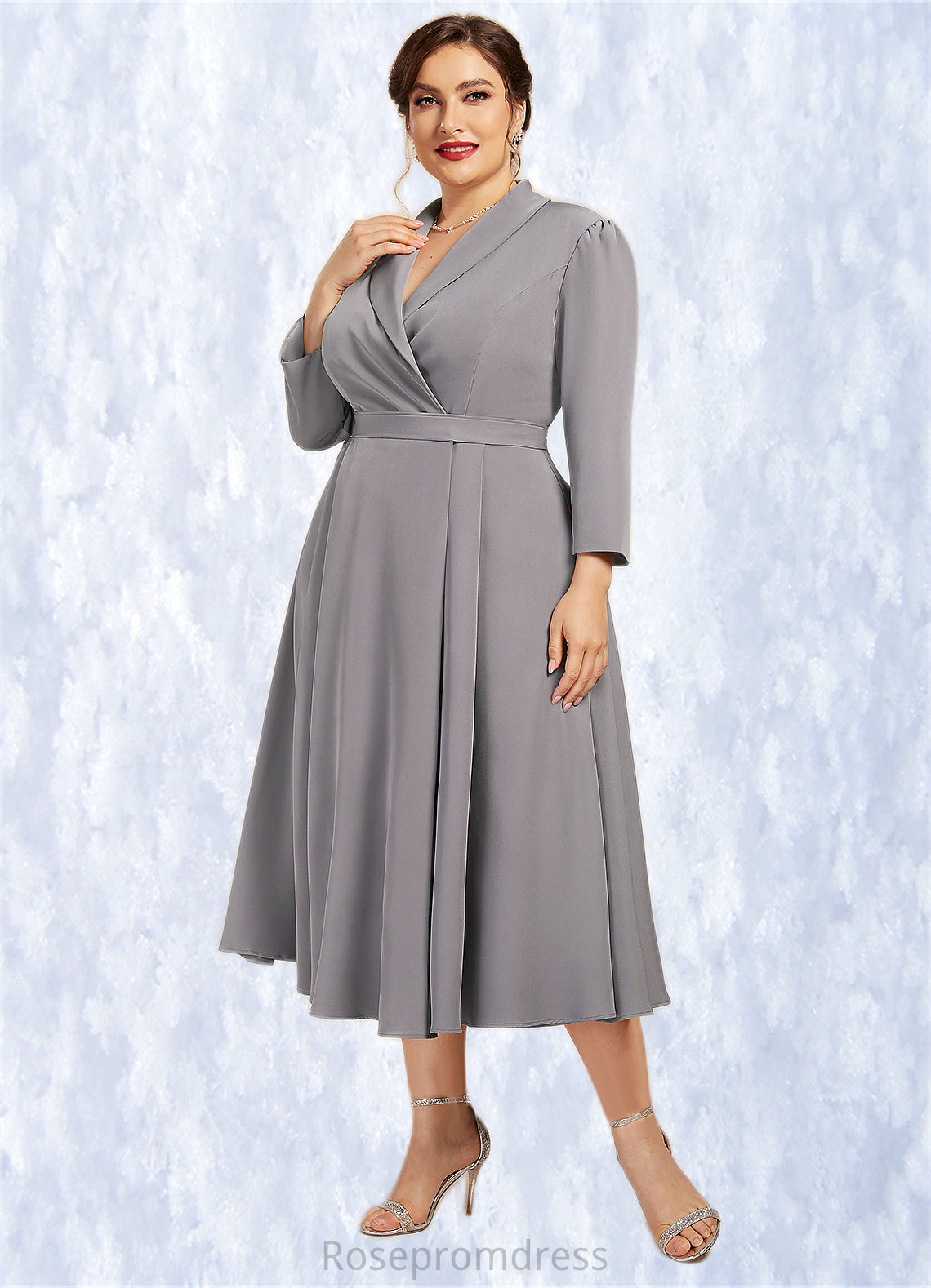 Zoe A-Line V-neck Tea-Length Stretch Crepe Mother of the Bride Dress SRS126P0014844