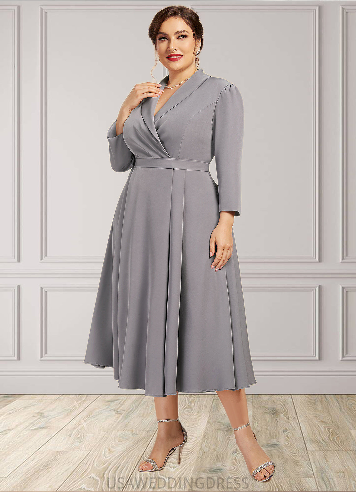 Aylin A-Line V-neck Tea-Length Stretch Crepe Mother of the Bride Dress DS126P0014844