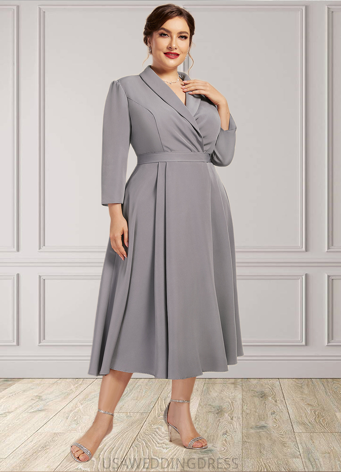 Aylin A-Line V-neck Tea-Length Stretch Crepe Mother of the Bride Dress DS126P0014844