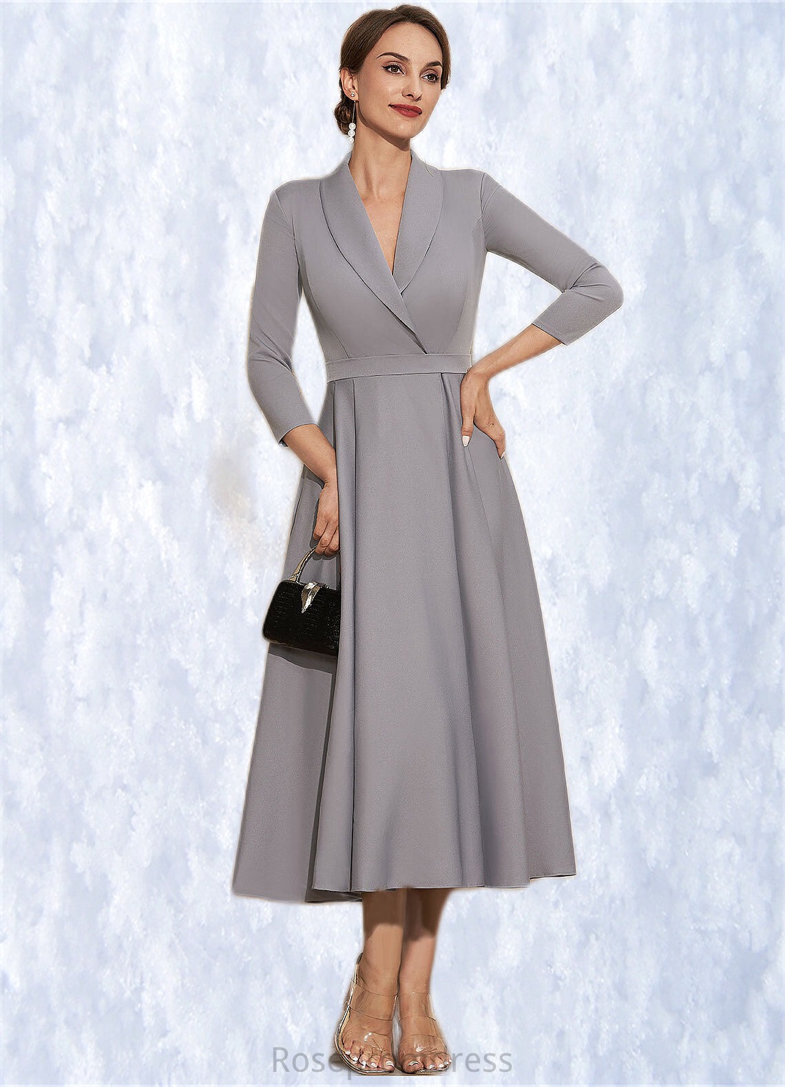 Zoe A-Line V-neck Tea-Length Stretch Crepe Mother of the Bride Dress SRS126P0014844