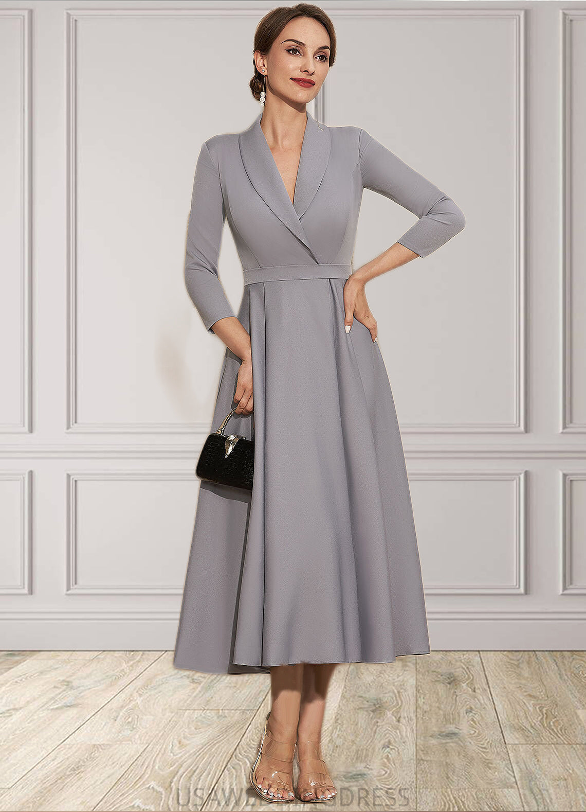 Aylin A-Line V-neck Tea-Length Stretch Crepe Mother of the Bride Dress DS126P0014844