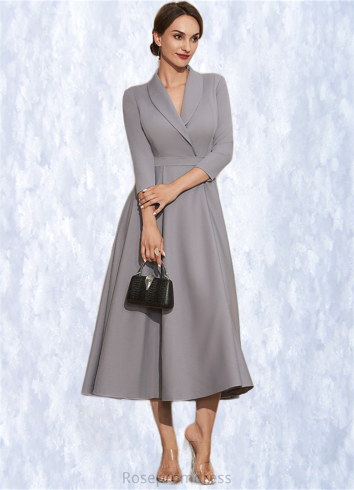 Zoe A-Line V-neck Tea-Length Stretch Crepe Mother of the Bride Dress SRS126P0014844