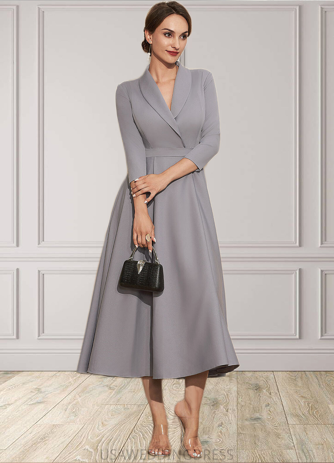 Aylin A-Line V-neck Tea-Length Stretch Crepe Mother of the Bride Dress DS126P0014844