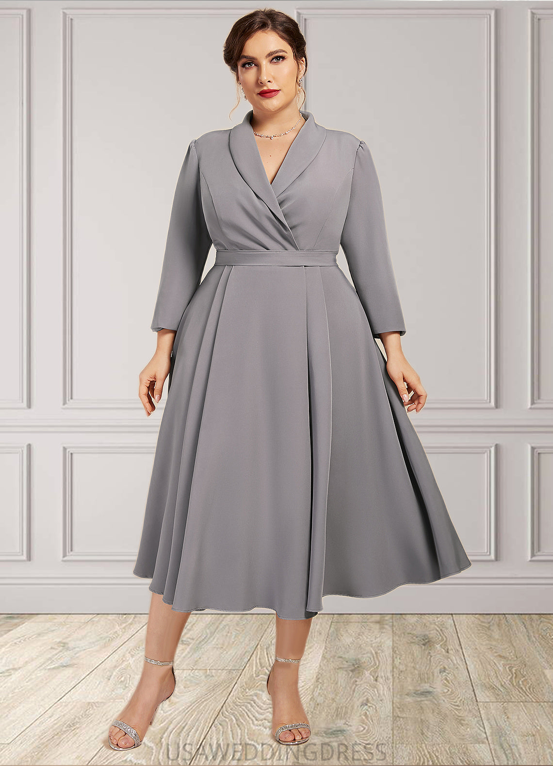 Aylin A-Line V-neck Tea-Length Stretch Crepe Mother of the Bride Dress DS126P0014844