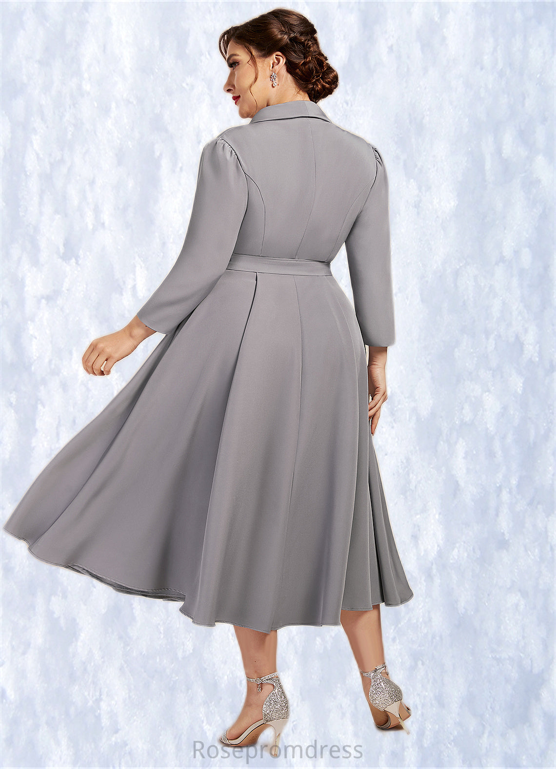 Zoe A-Line V-neck Tea-Length Stretch Crepe Mother of the Bride Dress SRS126P0014844