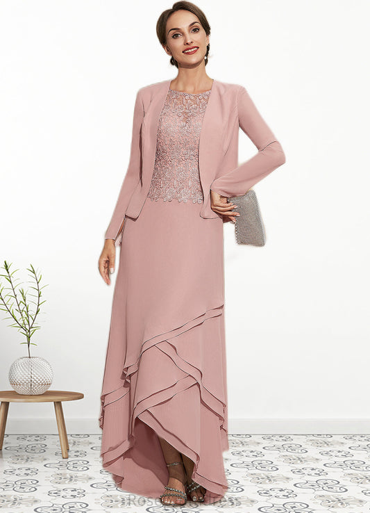 Madeleine A-Line Scoop Neck Asymmetrical Chiffon Lace Mother of the Bride Dress With Cascading Ruffles SRS126P0014845
