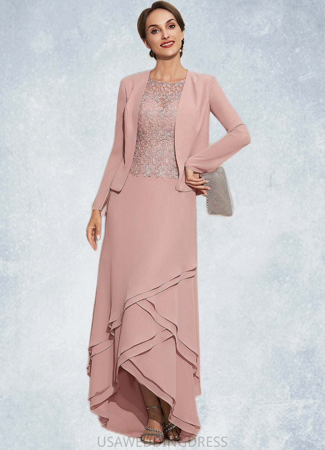 Polly A-Line Scoop Neck Asymmetrical Chiffon Lace Mother of the Bride Dress With Cascading Ruffles DS126P0014845