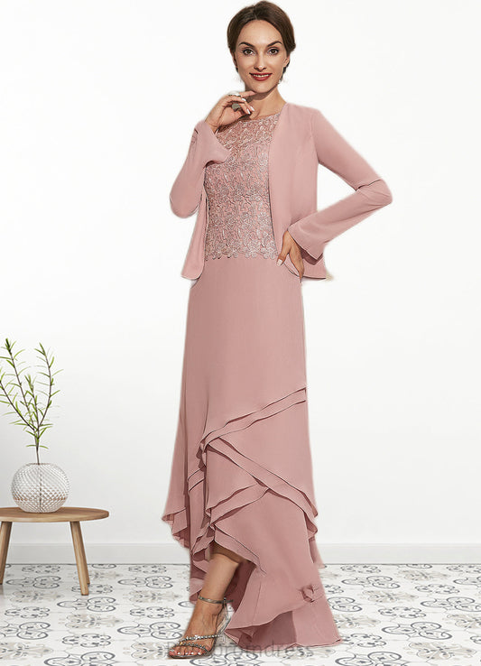 Madeleine A-Line Scoop Neck Asymmetrical Chiffon Lace Mother of the Bride Dress With Cascading Ruffles SRS126P0014845