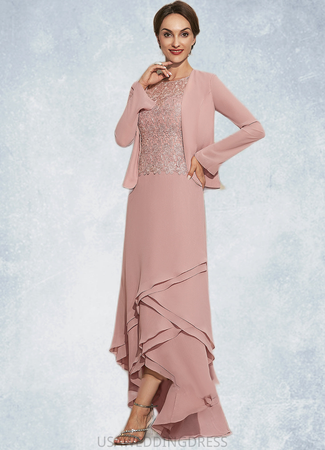 Polly A-Line Scoop Neck Asymmetrical Chiffon Lace Mother of the Bride Dress With Cascading Ruffles DS126P0014845