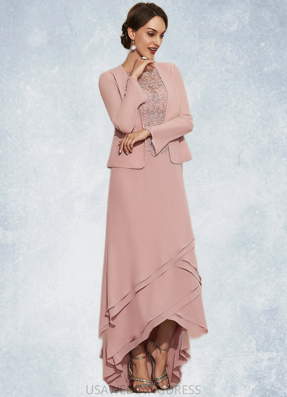 Polly A-Line Scoop Neck Asymmetrical Chiffon Lace Mother of the Bride Dress With Cascading Ruffles DS126P0014845