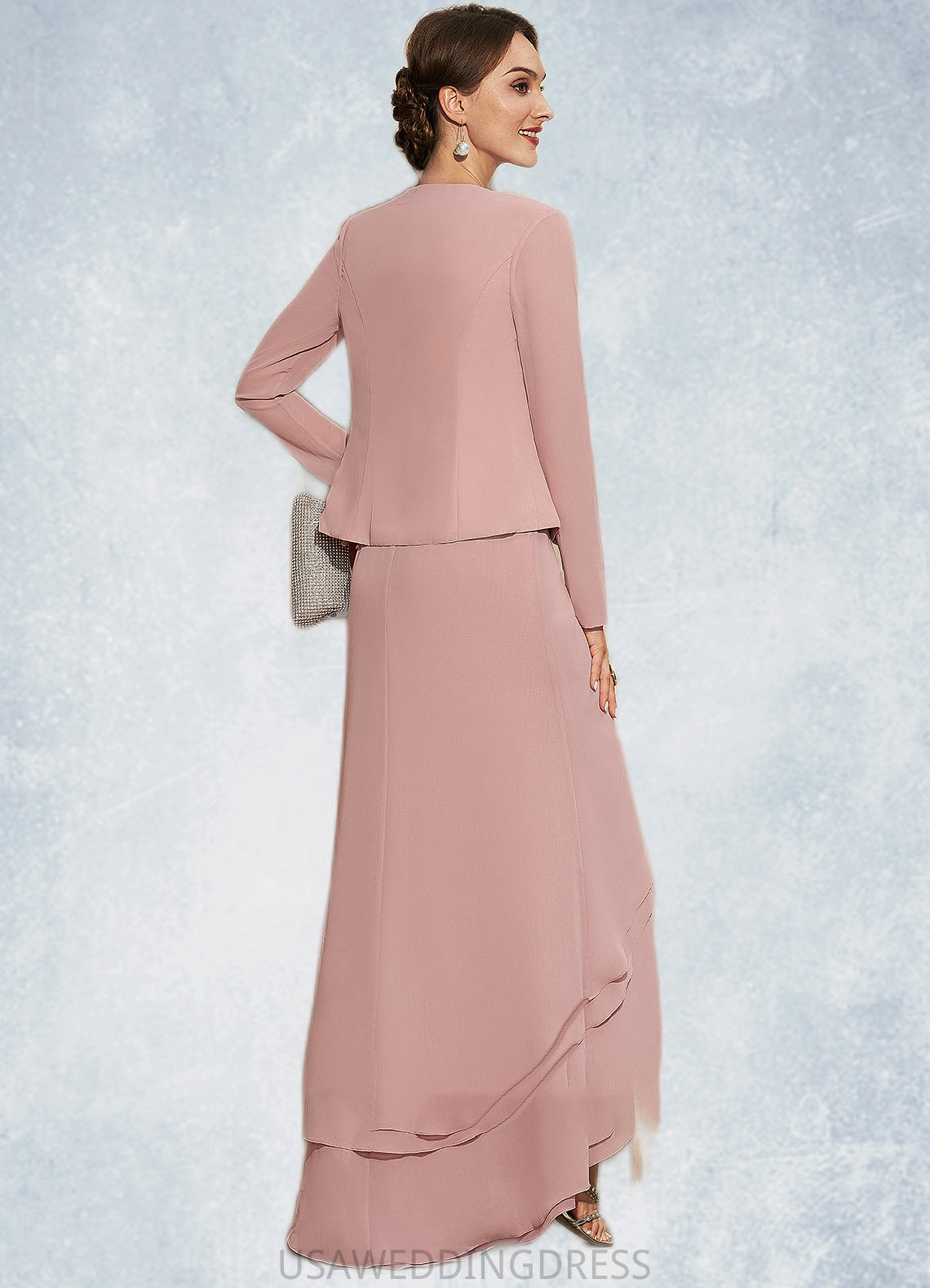 Polly A-Line Scoop Neck Asymmetrical Chiffon Lace Mother of the Bride Dress With Cascading Ruffles DS126P0014845