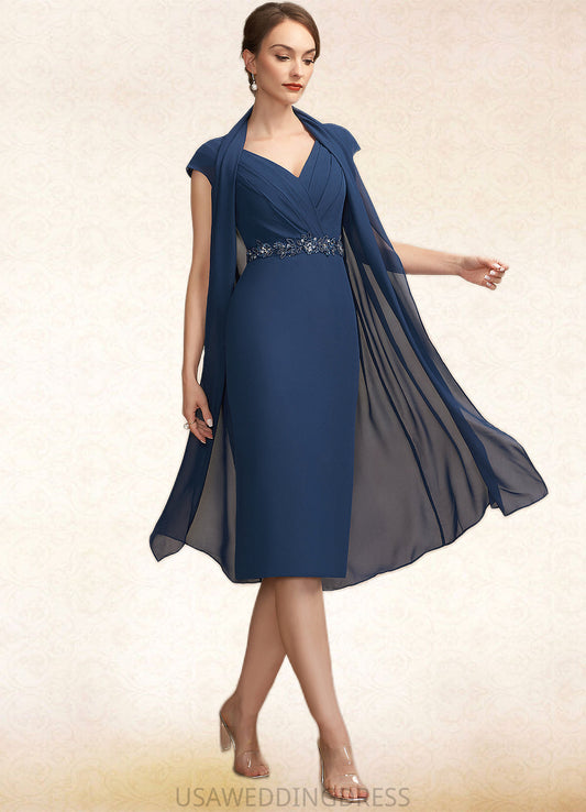 Julie Sheath/Column V-neck Knee-Length Chiffon Mother of the Bride Dress With Ruffle Beading Sequins DS126P0014847