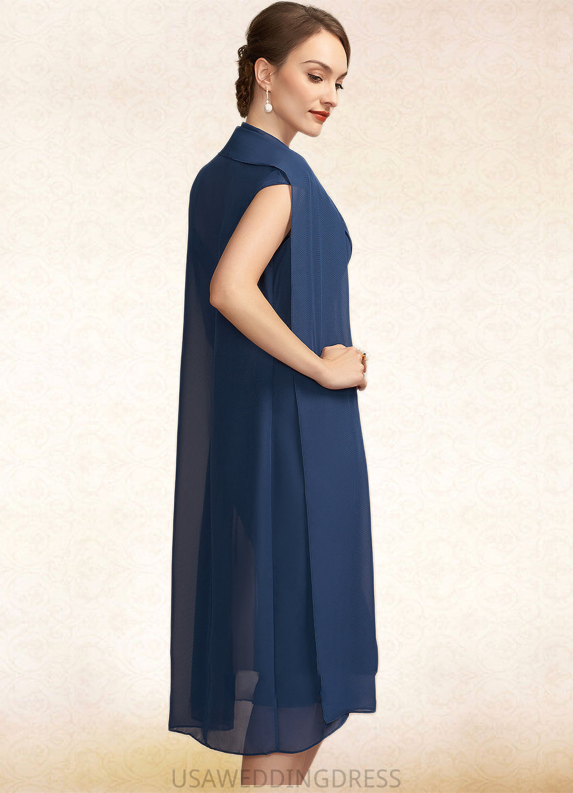 Julie Sheath/Column V-neck Knee-Length Chiffon Mother of the Bride Dress With Ruffle Beading Sequins DS126P0014847