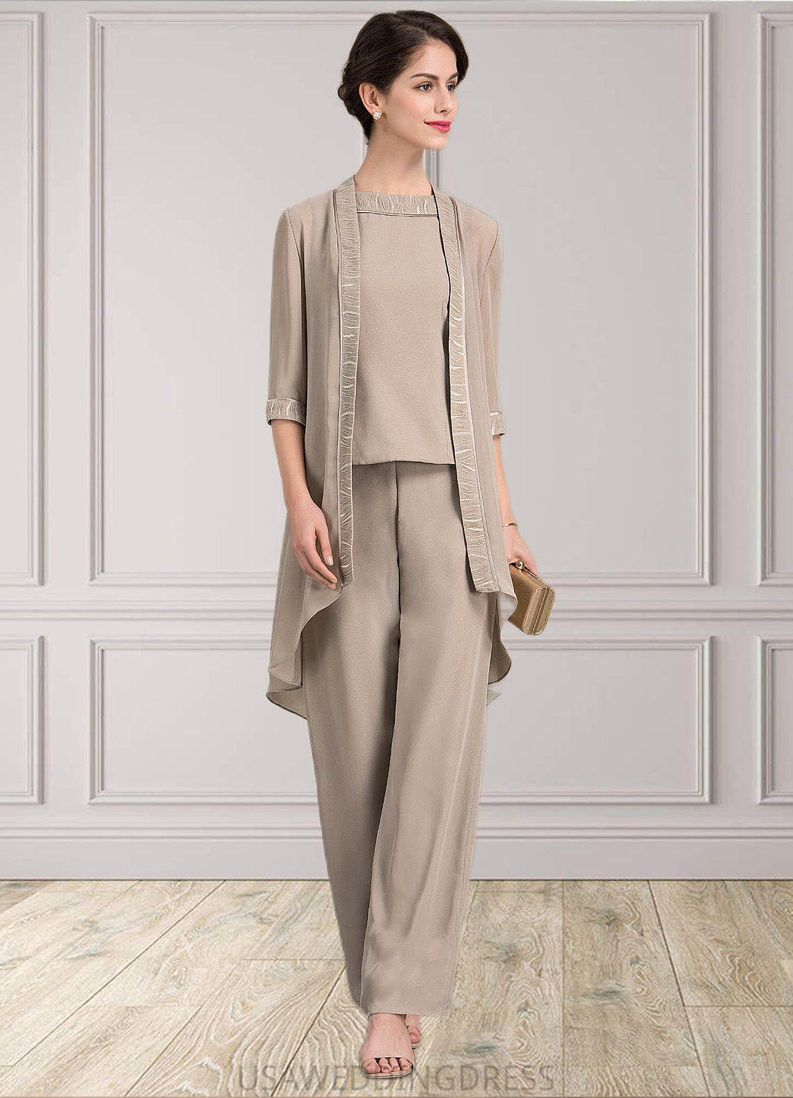 Sydney A-Line/Princess Scoop Neck Floor-Length Chiffon Mother of the Bride Two-piece outfit With Lace DS126P0014848